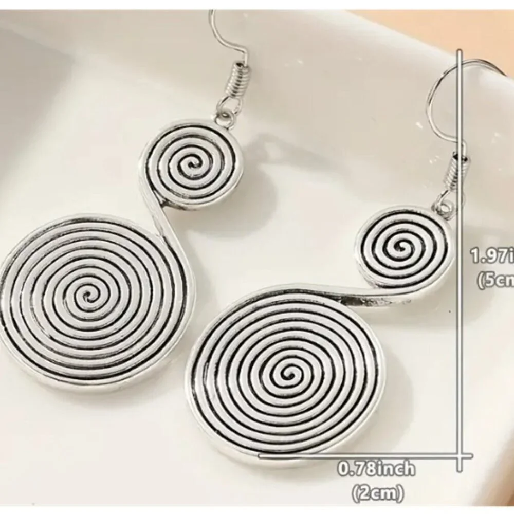 Large Silver-Tone Boho Spiral Tribal Hippie Statement Dangle Earrings